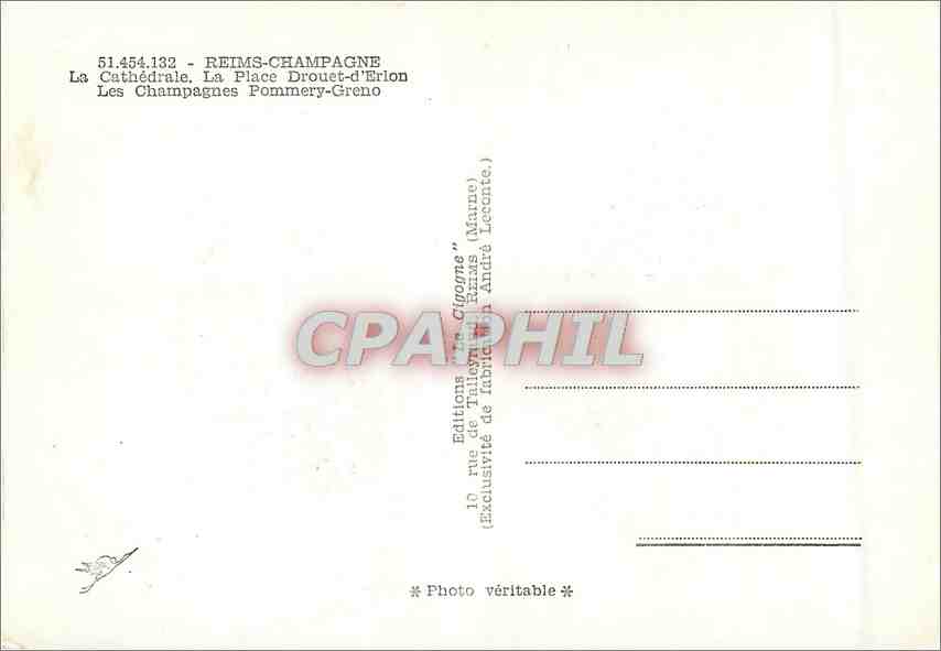 Reims-Champagne — Kathedrale, Place Drouet-d'Erlon, Champagnes Pommery-Greno — Éditions de Hubert André Lecointe — Rückseite