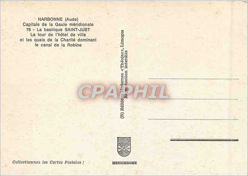 CPM Narbonne (Aude) Capitale de la Gaule meridionale la Basilique de l'hotel de ville et les quais d — Rückseite