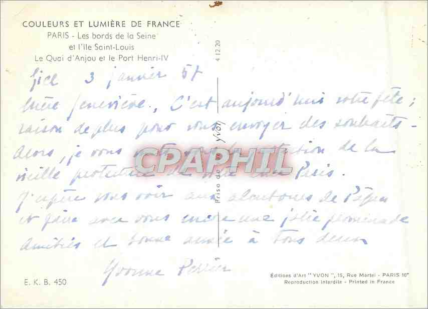 CPM Couleurs et Lumiere de France Paris les bords de la seine et l'ile Saint Louis le Quai d'Anjou e — Rückseite
