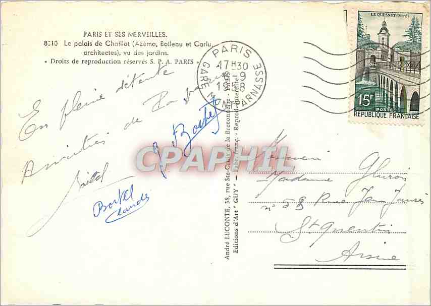 CPM Paris et ses merveilles le palais de Chaillot (Azema Balleau et Carlu) vu des jardins — Rückseite