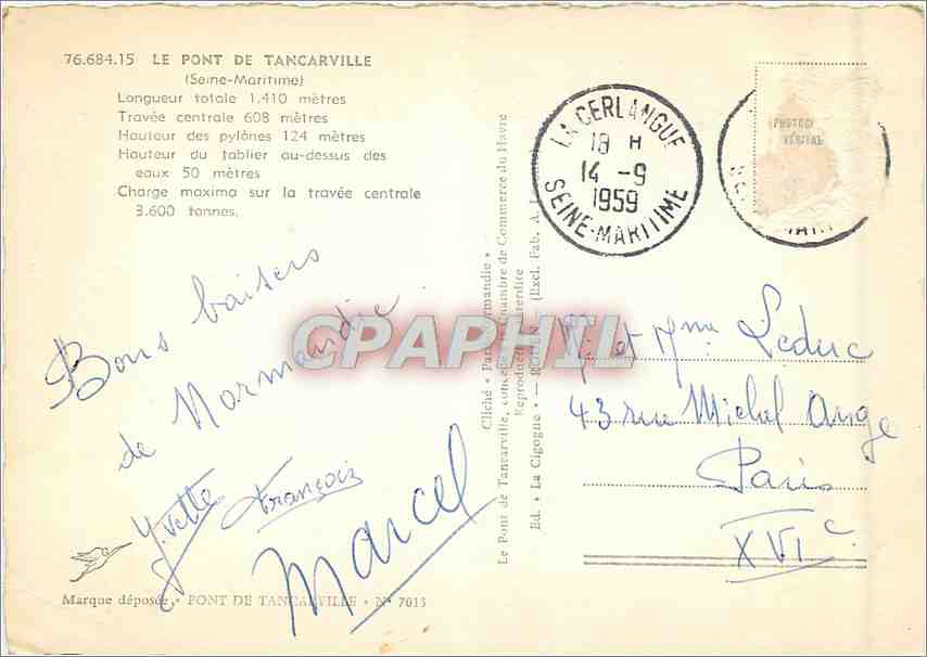 CPM Le Pont de Tancarville (Seine Maritime) Long totale 1410 m travee centrale 608 m — Rückseite
