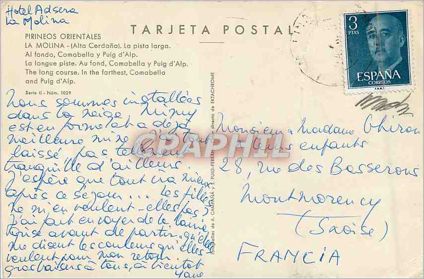 La Molina (Alta Cerdaña) — La piste longue, Comabella et Puig d'Alp — Éditeur: PUIG-FERRAN, Série II, N° 1029 — Rückseite