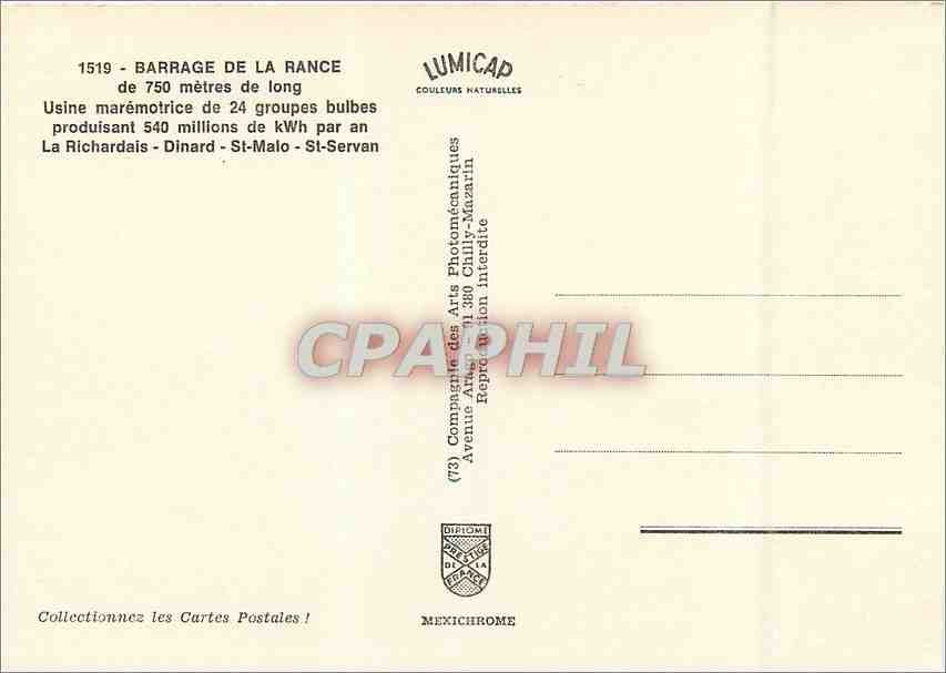 CPM Barrage de la Rance de 750 metres de Lond Usine maremotrice de 24 groupes buldes — Rückseite