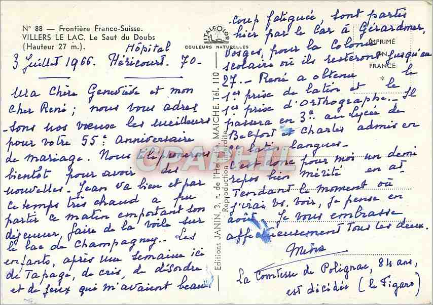 CPM Frontiere Franco Suisse Villers le Lac Le Saut du Doubs (Haut 27 m) — Rückseite