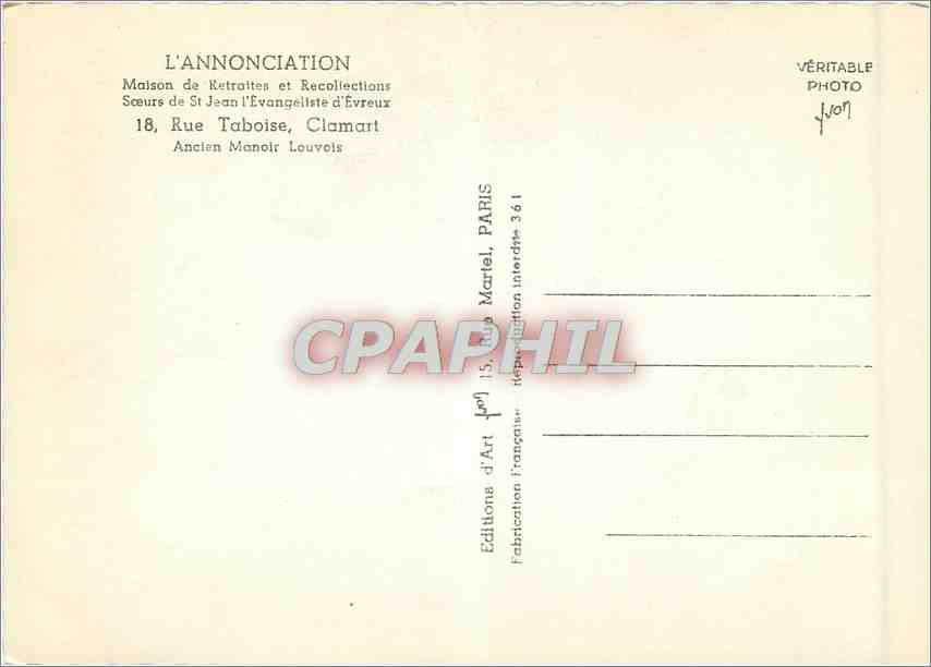 CPM L'Annonciation Maison de Retraites et Recollections soeurs de St Jean l'Evangeliste d'Evreux — Rückseite