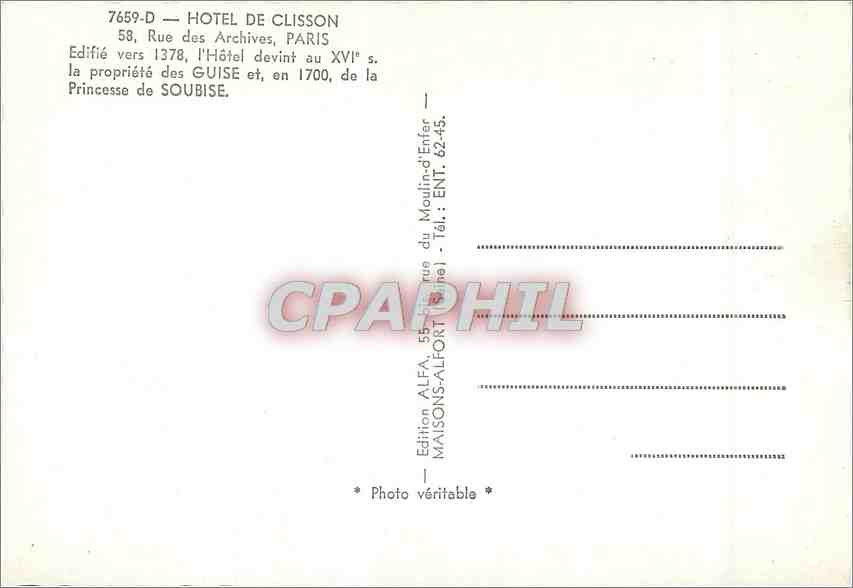 CPM Hotel de Clisson Rue des Archives Paris — Verso