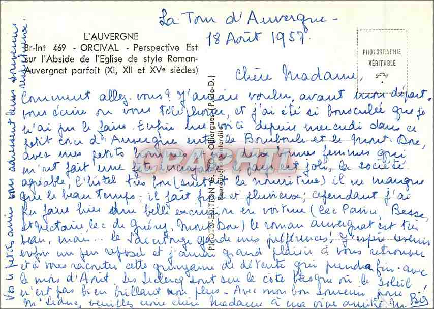 CPM L'Auvergne Orcival Perspective Est sur l'Abside de l'Eglise de Stye Roman — Verso