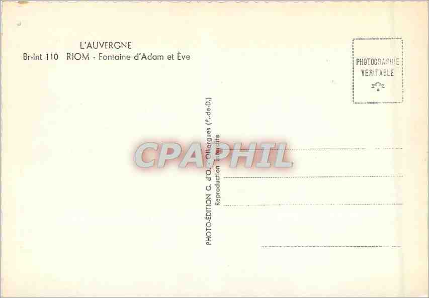 CPM L'Auvergne Riom Fontaine d'Adan et Eve — Verso