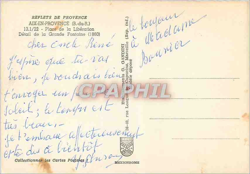 Aix-en-Provence — Détail de la Grande Fontaine (1860) — Éditeur IRIS — Verso