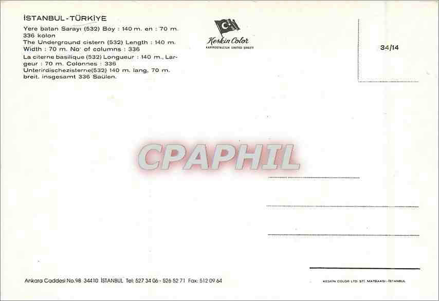 CPM Istanbul Turkiye La citerne basilique long 140 m larg 70 m Colonnes 336 — Verso