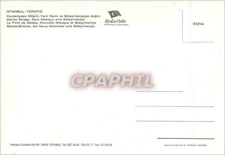CPM Istanbul Turkiye Le Pont de Galata Nouvelle Mosquee et Suleymaniye — Verso