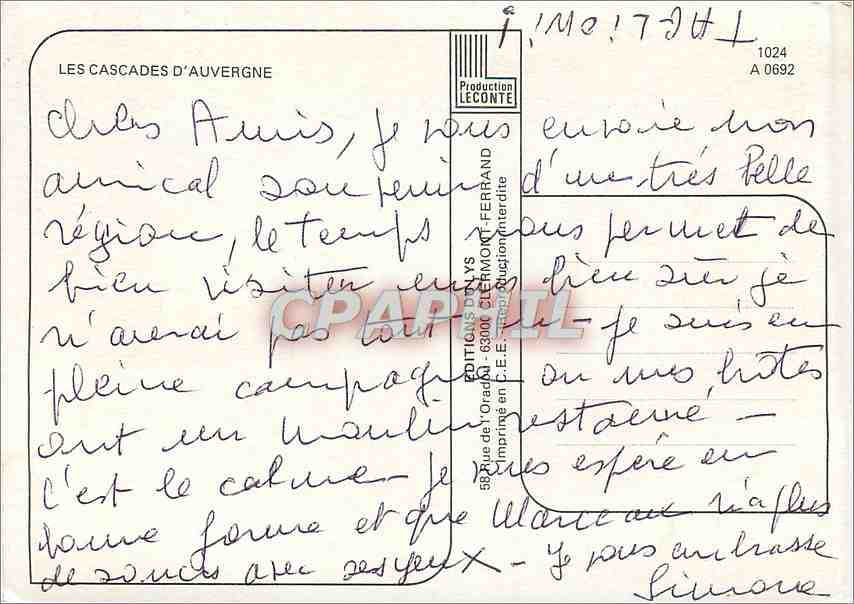 CPM Les Cascades d'Auvergne — Verso