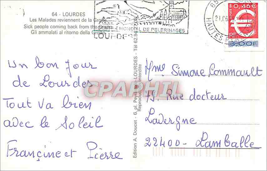 CPM Lourdes Les malades reviennent de la Grotte — Verso