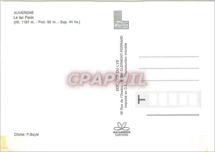 CPM Auvergne Le Lac Pavin (alt 1197 m Prof 92 m sup 44 ha) — Rückseite