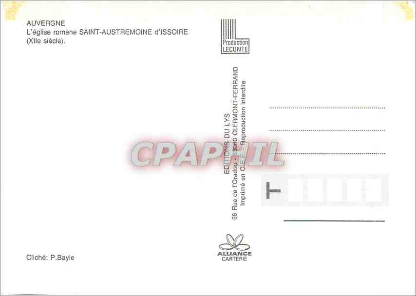 CPM Auvergne l'Eglise romane Saint Austremoine d'Issoire (XIIe s)s — Verso