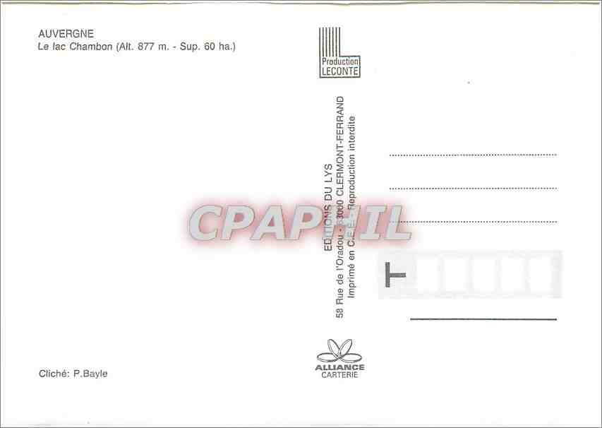 CPM Auvergne Le Lac Chambon (alt 877 m sup 60 ha) — Verso
