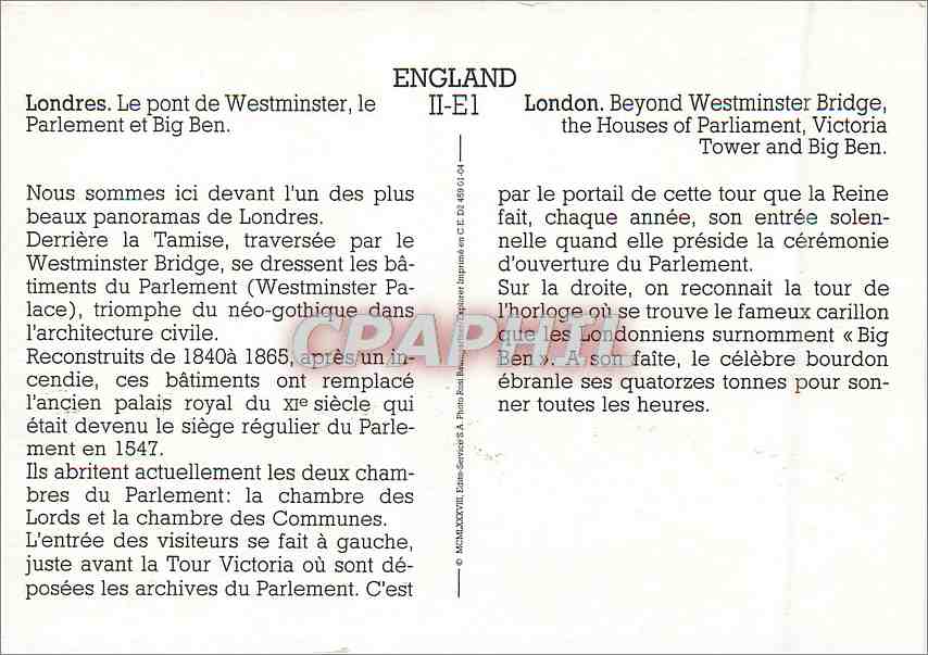 CPM England Londres le pont de Westminster le Parlement et Big Ben — Rückseite