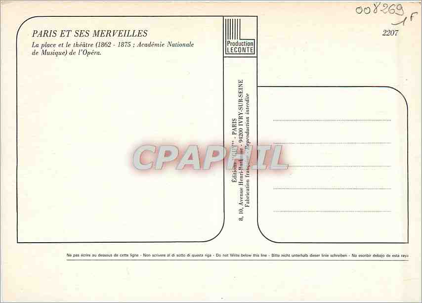CPM Paris et ses Merveilles la place et le theatre (1862 1875 academie Nationale de Musique) de l'Op — Rückseite