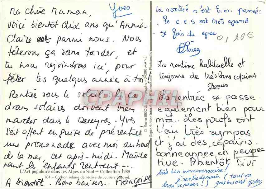 CPM L'art populaire dans les Alpes du Sud 1985 — Rückseite