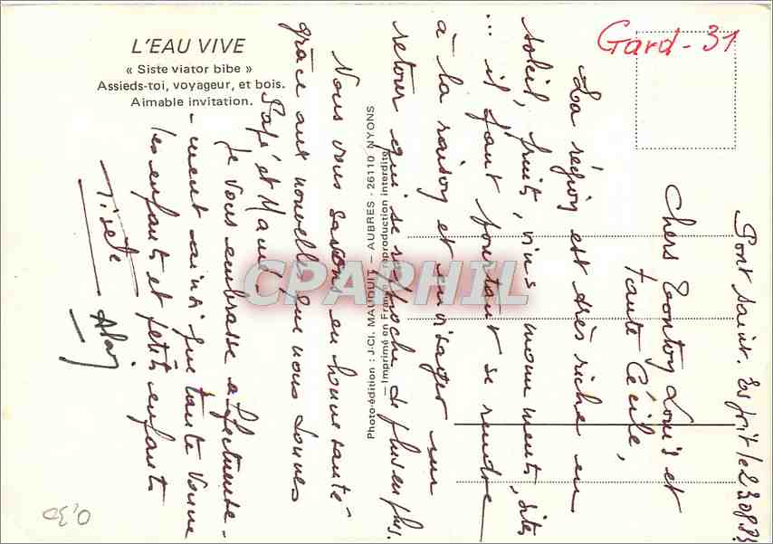 CPM L'eau vive siste viator bibe Assieds toi voyageur et bois Aimable invitation — Rückseite