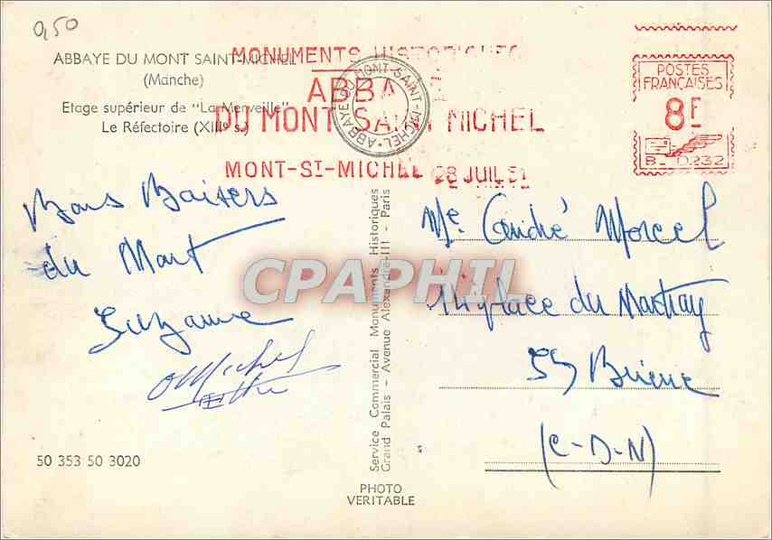 CPM Abbaye du Mont Saint Michel (Manche) Etage superieur de la Merveille le Refectoire (XIIIe s) — Verso