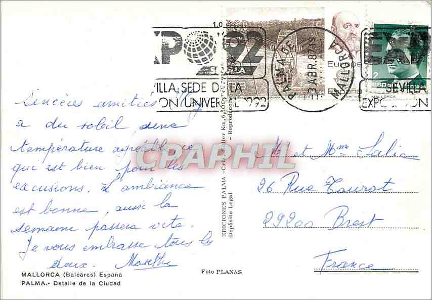 CPM Mallorca (Baleares) Espana Palma detaille de la Cludad — Rückseite