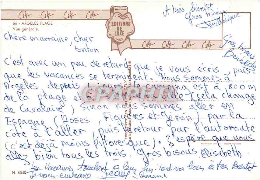 Argeles Plage — vue générale — Éditions de Luxe, n° 6540 — Rückseite