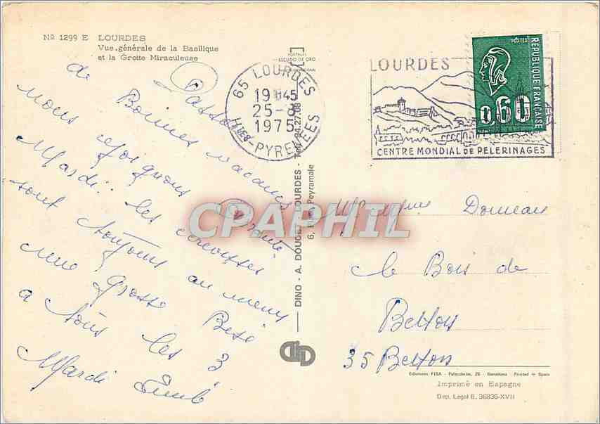 CPM Souvenir de Lourdes vue generale de la basilique et la Grotte Miraculeuse — Verso