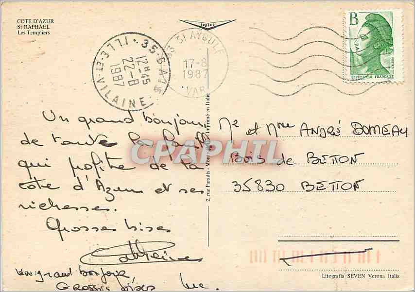 CPM Cote d'Azur St Raphael les Templiers — Verso