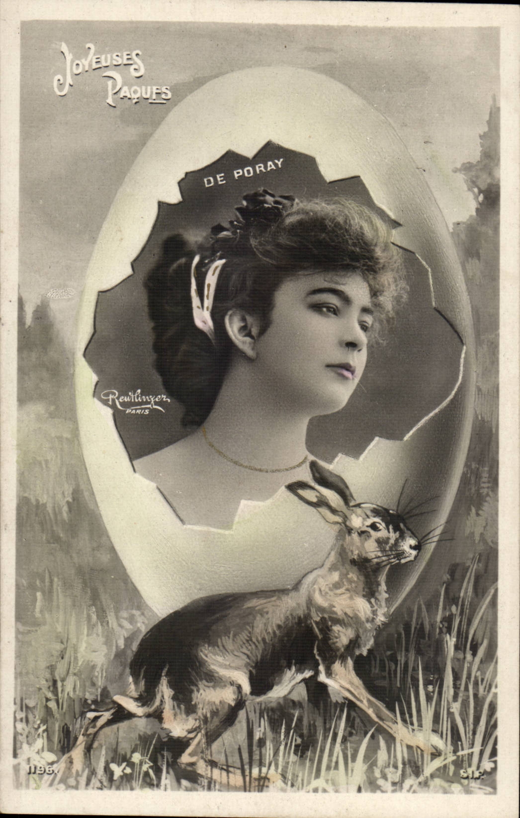 Femme et lapin sortant d'un œuf — Joyeuses Pâques — De Poray, éditée par Rewlinger, Paris, n° 11954