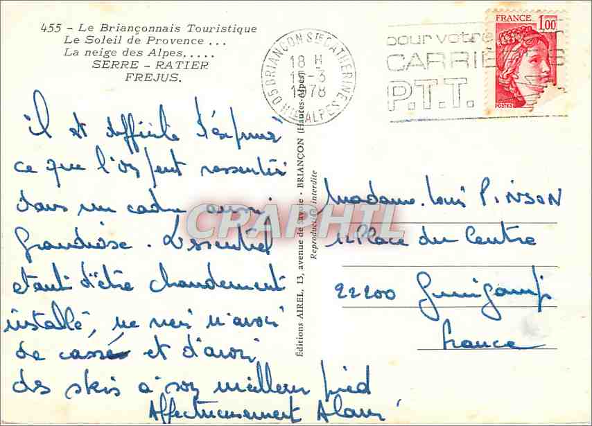 Serre-Chevalier — Villeneuve-la-Salle — Le Bez — Vue de ski et montagnes enneigées — éditeur Airel — Verso