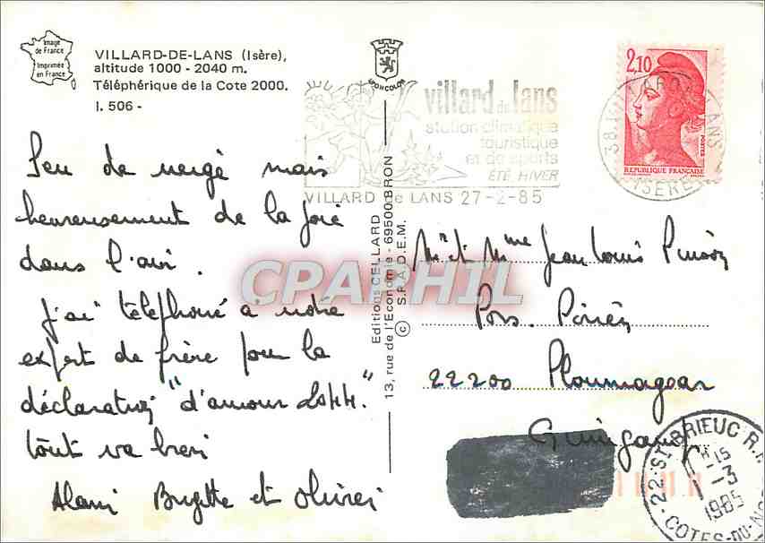 CPM Villard de Lans (Isere) Alt 1000 2040 m telepherique de la Cote 2000 — Rückseite