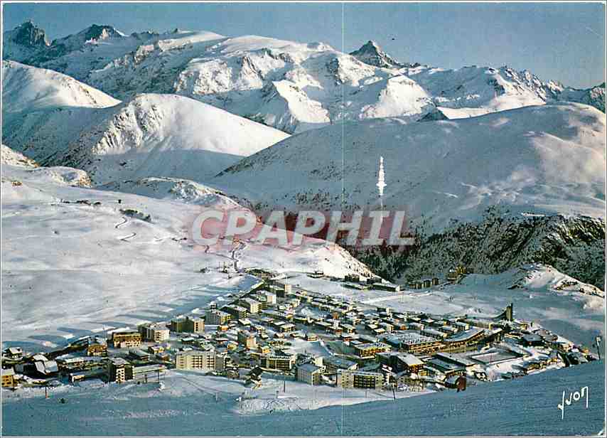 Alpe d'Huez — vue générale avec le Meije et le Râteau en arrière-plan — éditeur S.P.A.D.E.M. n° 10 38 5168