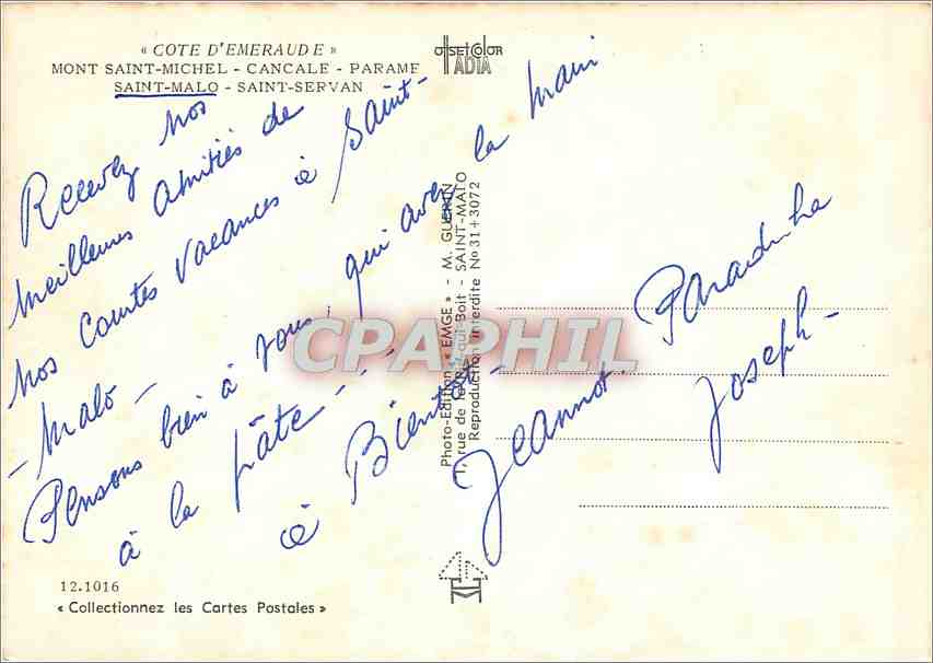 CPM Cote d'Emeraude Mont Saint Michel Cancale Parame Saint Malo Saint Servan — Verso