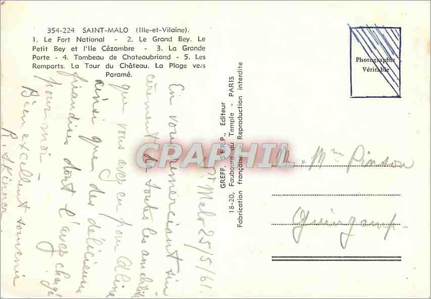 Saint-Malo — Souvenir — Greff — Verso