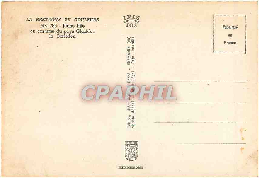 CPM La Bretagne en couleurs jeune fille en costume du Pays Glazick la Borleden — Rückseite