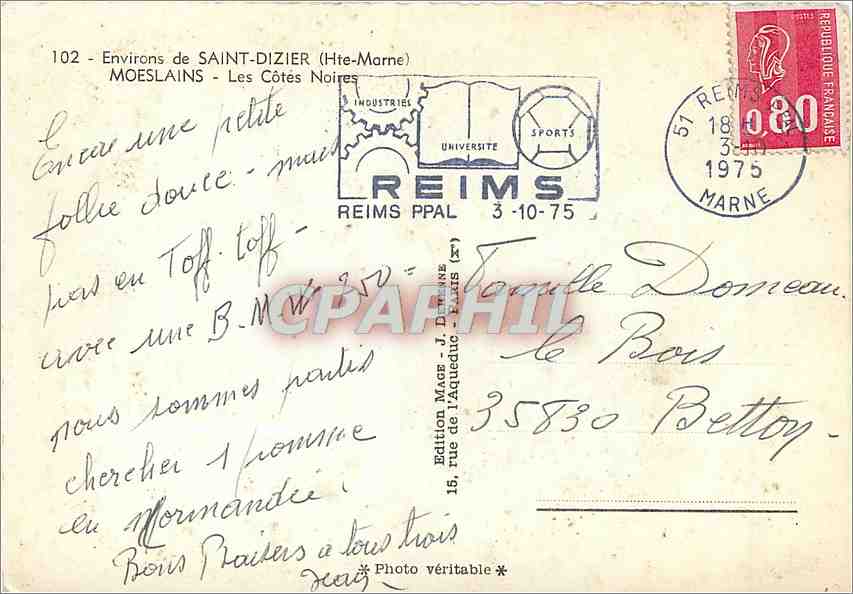 CPM Env de Saint Dizier (Hte Marne) Moeslains les Cotes Noires — Rückseite