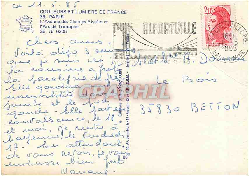 CPM Paris L'Avenue des Champs Emysees et L'Arc de Triomphe — Rückseite