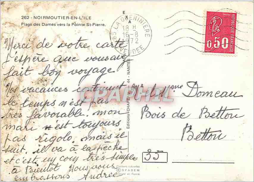 Plage des Dames à Noirmoutier-en-l'Île — Éditions SPADÈM, n° 262 — Verso