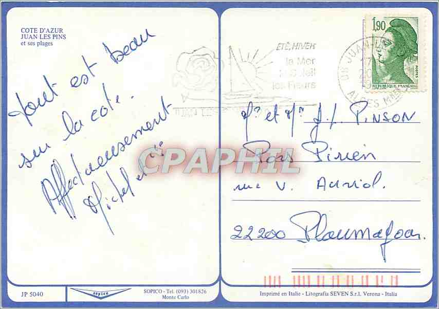CPM Cote d'Azur Juan les Pins et ses Plages — Rückseite