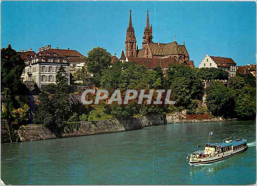 Basel — Vue de la rive du Rhin et de la cathédrale — Anschlitzkarten-Verlag Hans Frey, Basel
