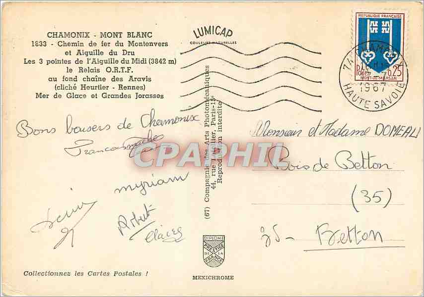 CPM Chamonix Mont Blanc Chemin de fer du Montenvers et aiguille du Dru Train Funiculaire — Verso