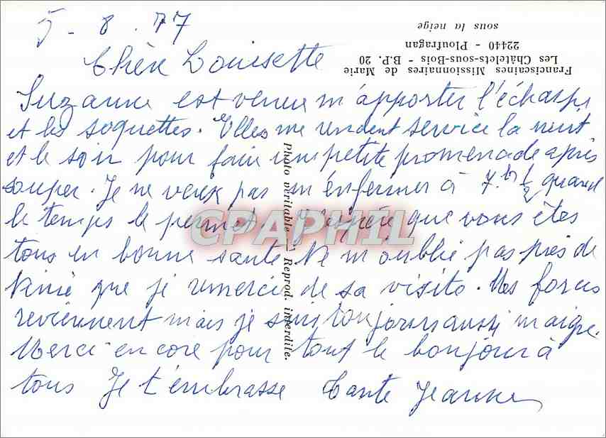 CPM Franciscaines Missionnaires de Marie Les Chatelets sous Bois Ploufragan Sous la neige — Back