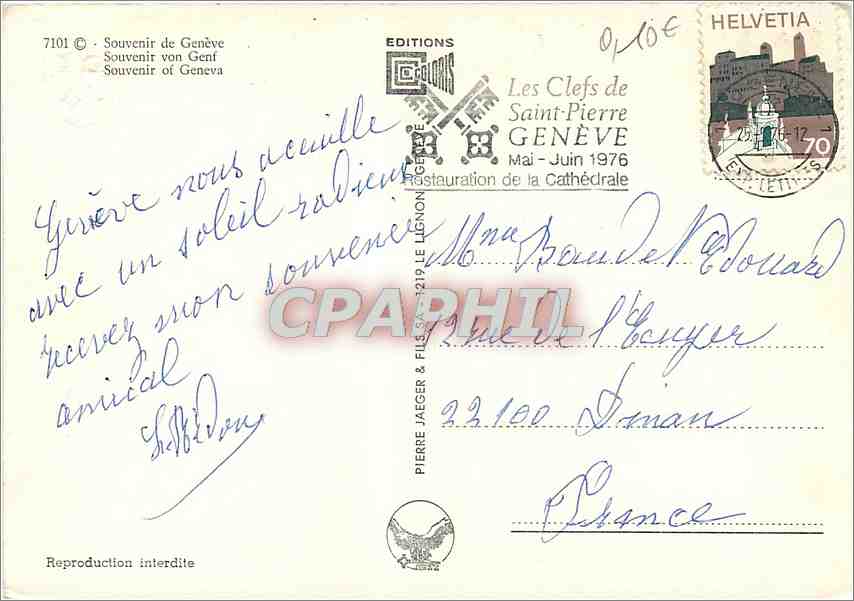 CPM Souvenir de Geneve — Verso