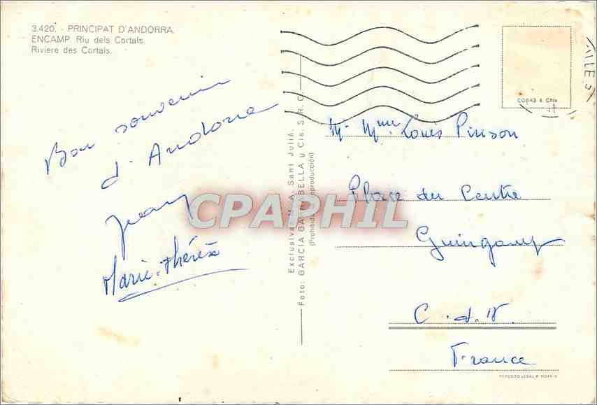 CPM Principat d'Andorra Riviere des Corlats — Rückseite