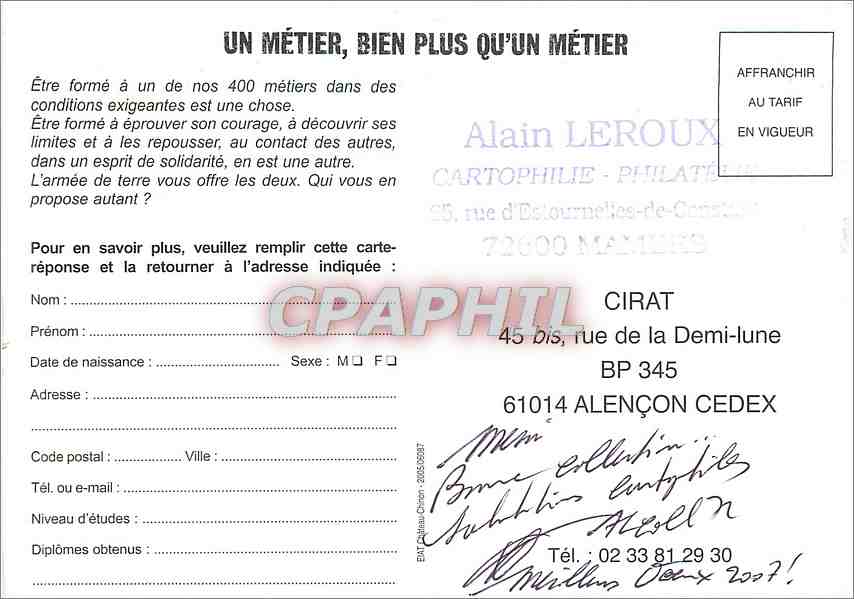CPM Un Metier Bien plus qu'un Metier Armee de Terre Militaria — Rückseite