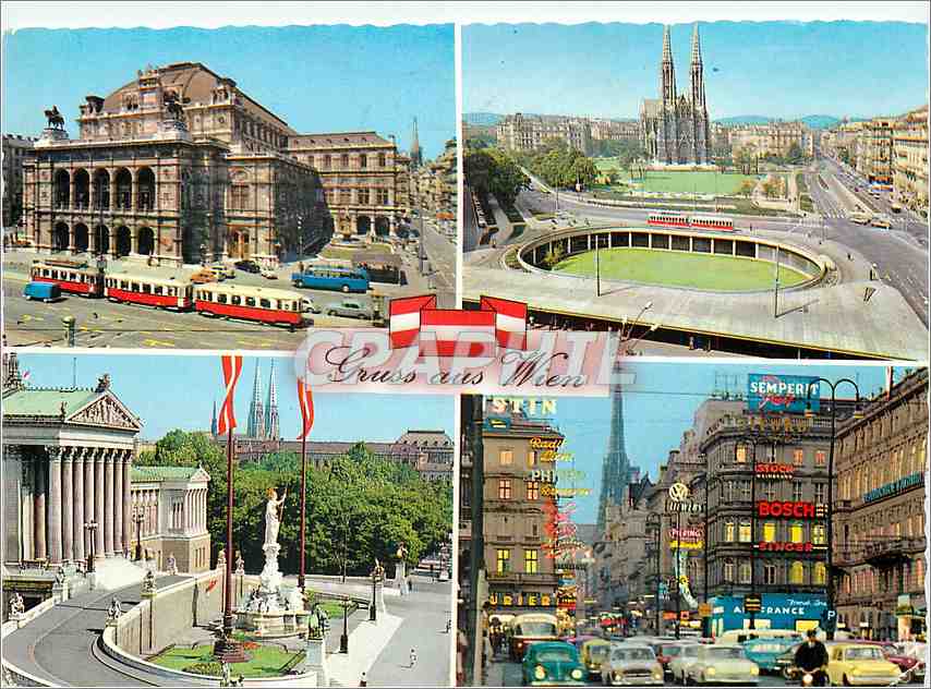 CPM Gruss aus Vienne souvenir de Vienne oper parlement Rooseveltplatz Tramway