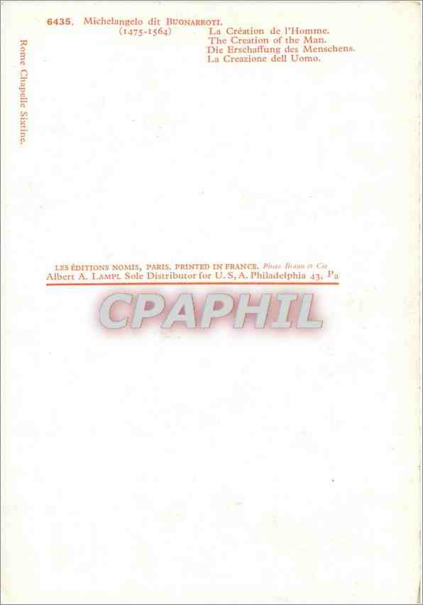 CPM Michelangelo dit Buonabroti (1475 1564) la Creation de l'Homme — Verso