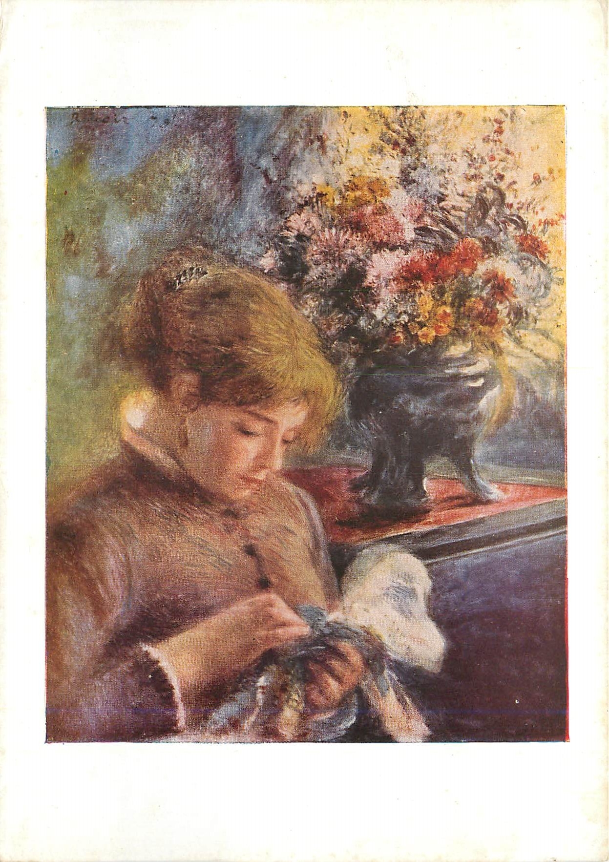 Lady Sewing — œuvre d'Auguste Renoir (1841-1920) — Pallas Postcard 1022, éditée par The Pallas Gallery Ltd. Londres