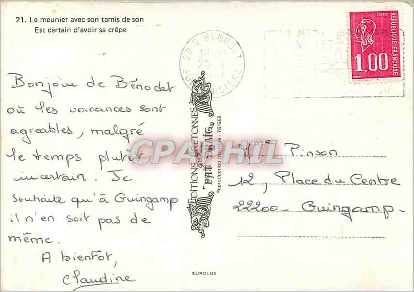 CPM Le meunier avec son tamis de son est certain d'Avoie sa Crepe Moulin Bretagne — Rückseite